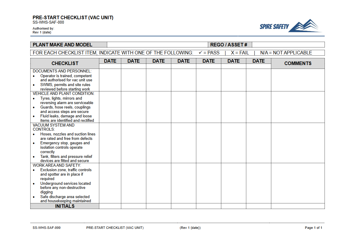 Free Pre-Start Checklist (Vac Unit) Template — document preview