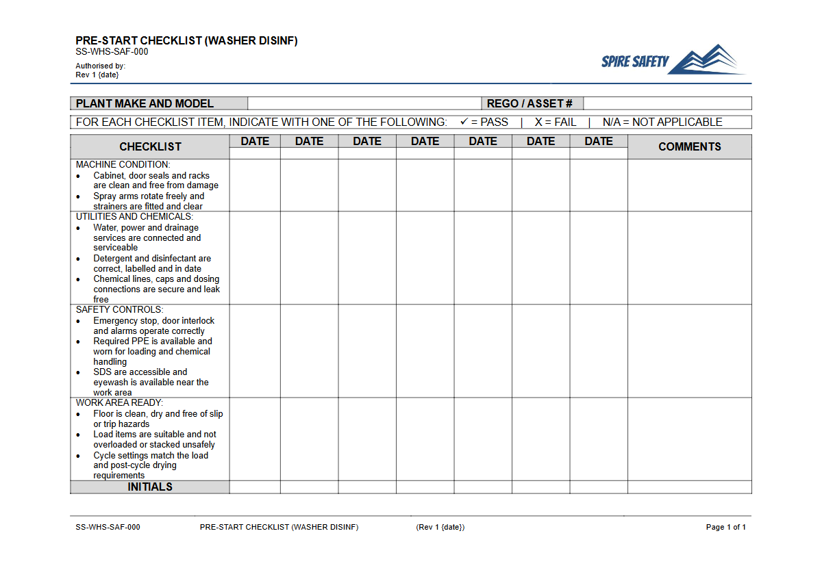 Free Pre-Start Checklist (Washer Disinf) Template — document preview