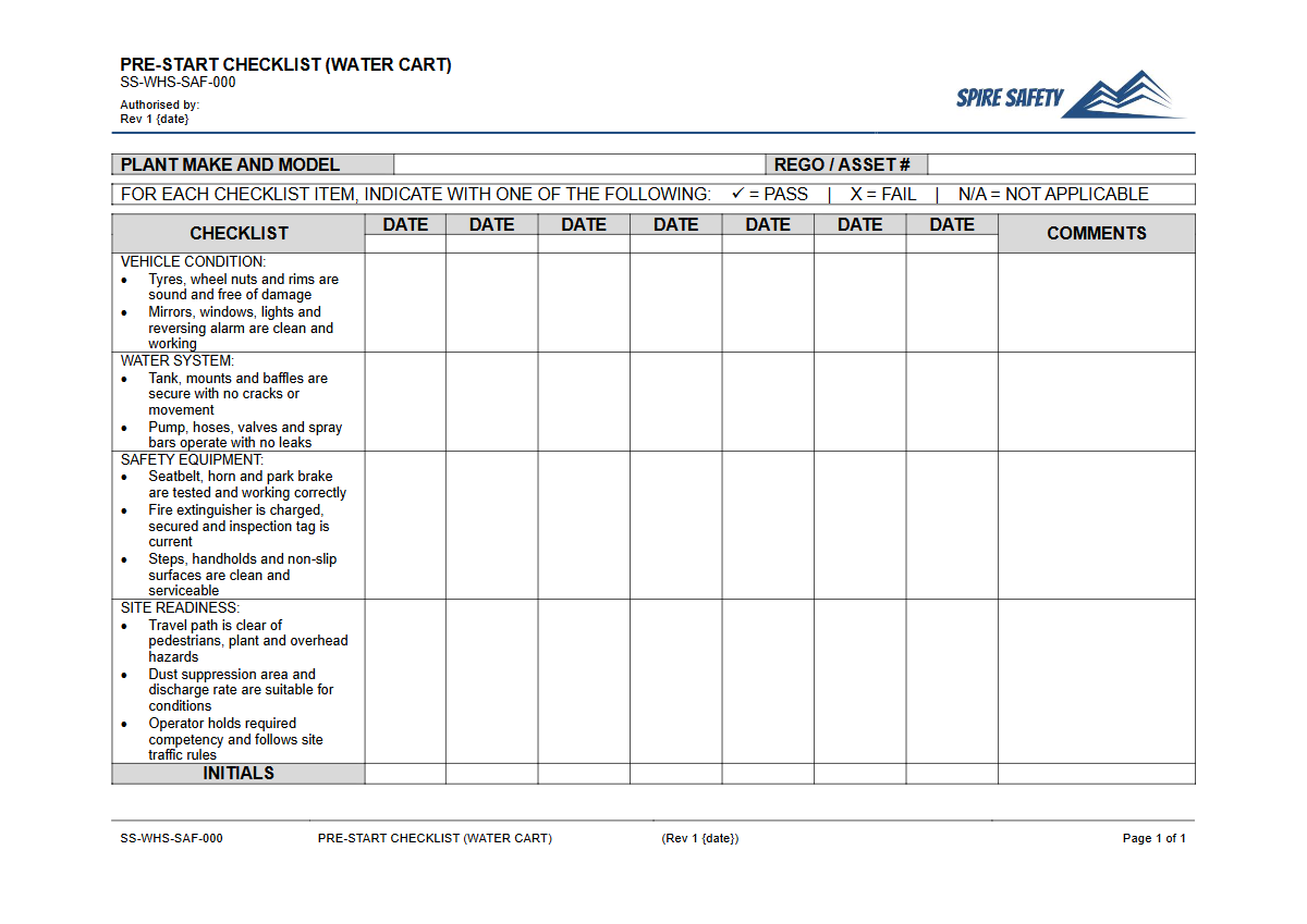 Free Pre-Start Checklist (Water Cart) Template — document preview