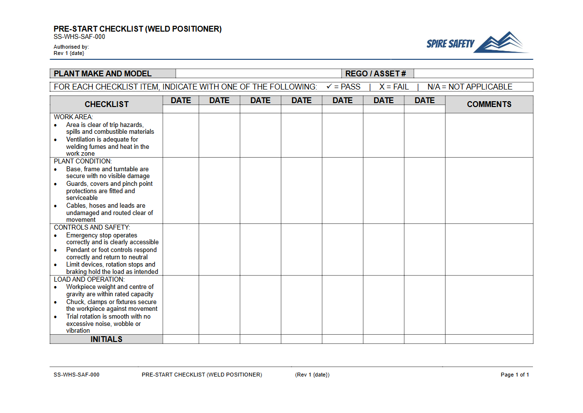 Free Pre-Start Checklist (Weld Positioner) Template — document preview