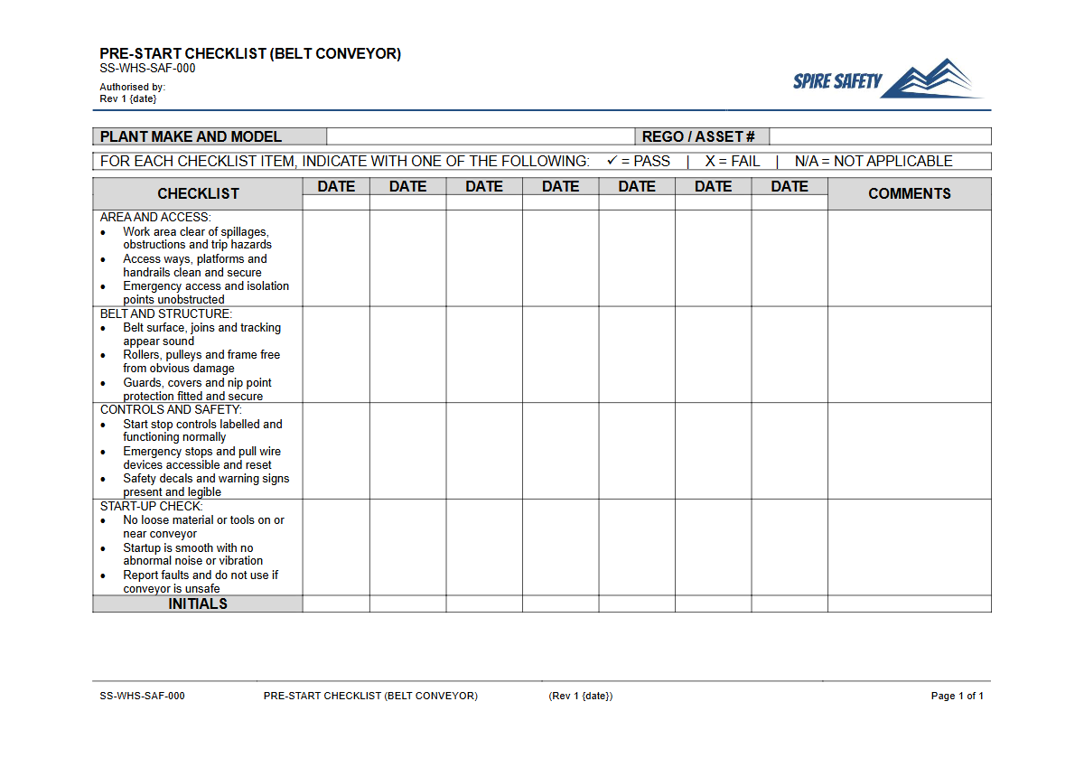 Free Pre-Start Checklist (Belt Conveyor) Template — document preview