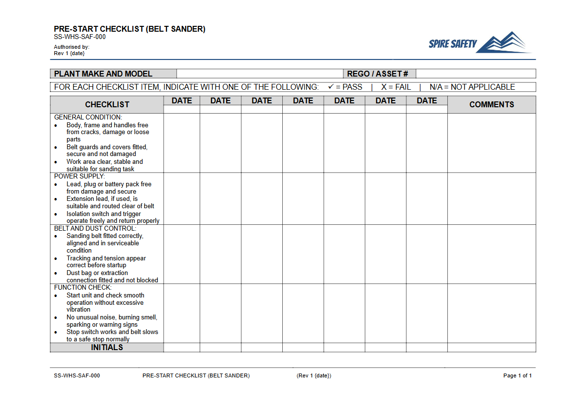 Free Pre-Start Checklist (Belt Sander) Template — document preview