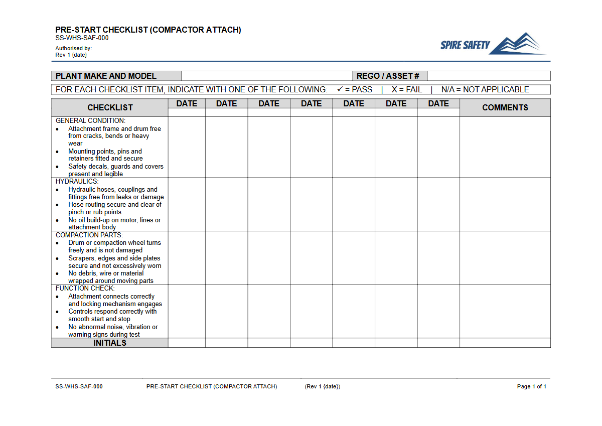 Free Pre-Start Checklist (Compactor Attachment) Template — document preview