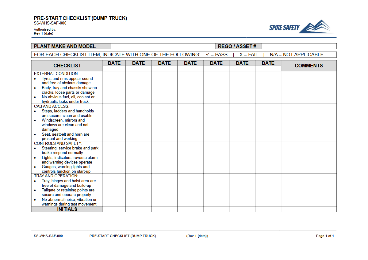 Free Pre-Start Checklist (Dump Truck) Template — document preview