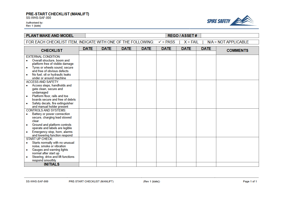 Free Pre-Start Checklist (Manlift) Template — document preview