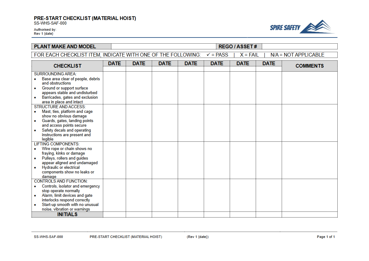 Free Pre-Start Checklist (Material Hoist) Template — document preview