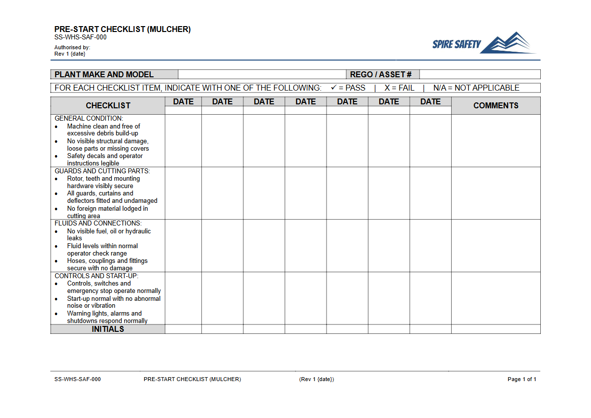Free Pre-Start Checklist (Mulcher) Template — document preview