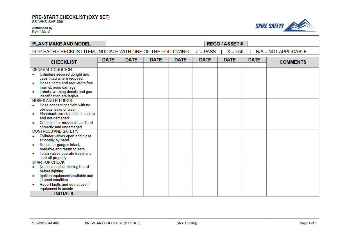 Free Pre-Start Checklist (Oxy Set) Template — document preview