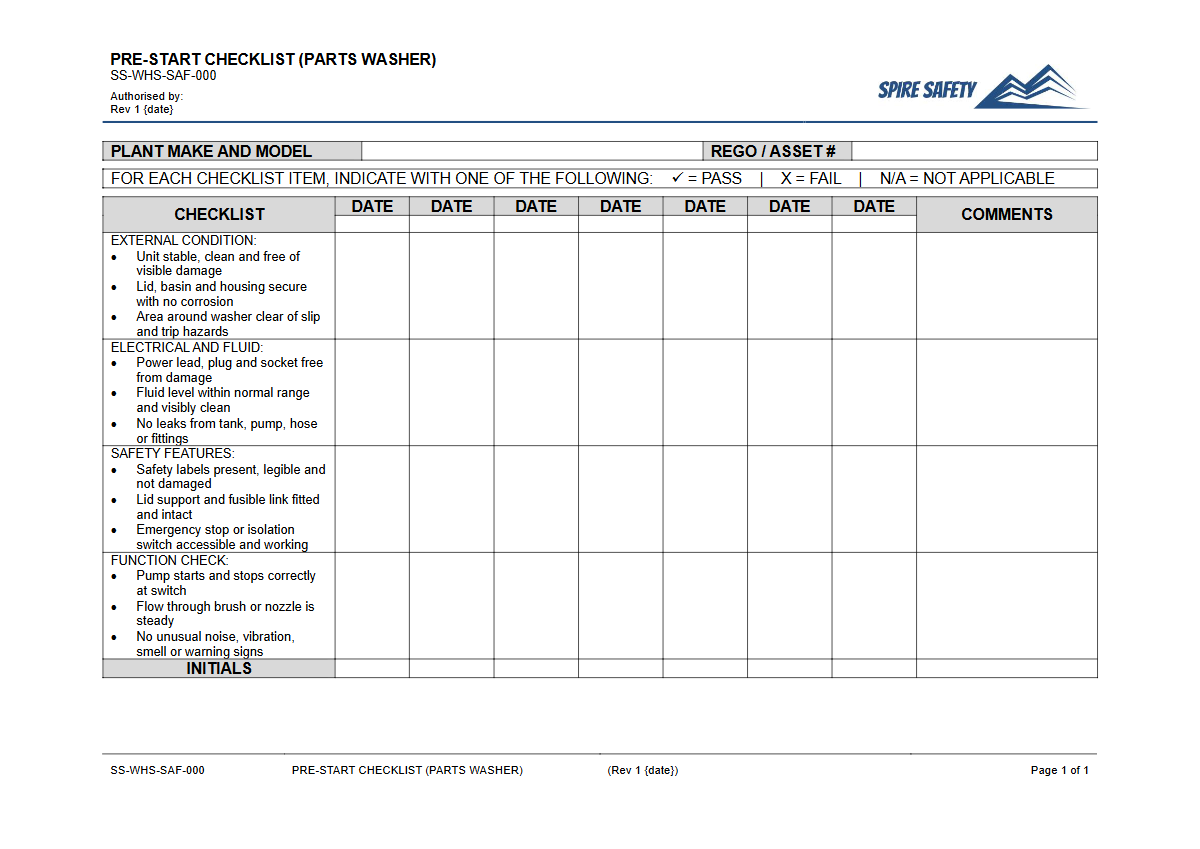 Free Pre-Start Checklist (Parts Washer) Template — document preview