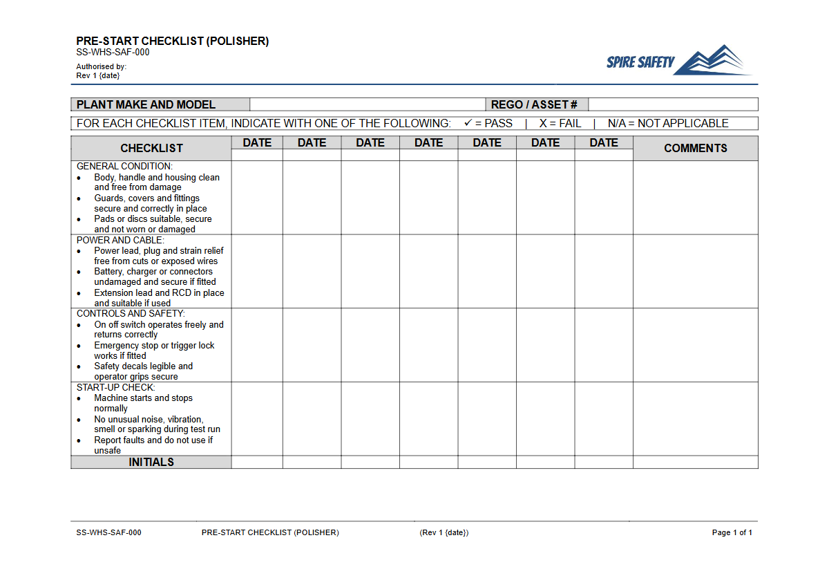 Free Pre-Start Checklist (Polisher) Template — document preview