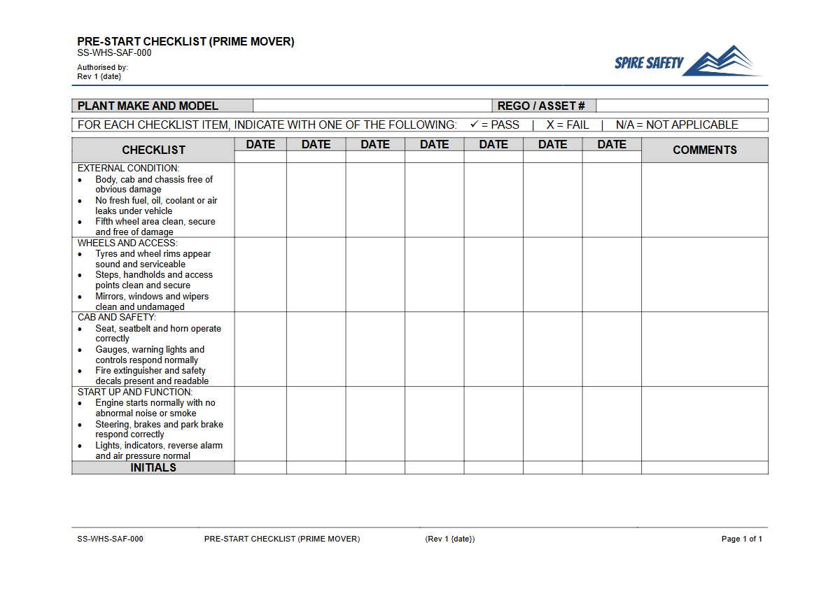 Free Pre-Start Checklist (Prime Mover) Template — document preview