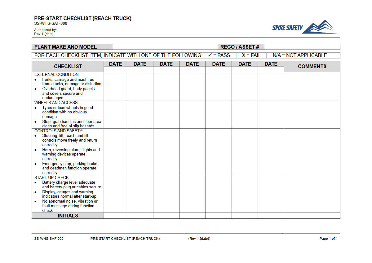 Free Pre-Start Checklist (Reach Truck) Template — document preview
