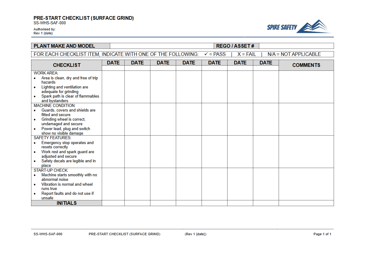 Free Pre-Start Checklist (Surface Grind) Template — document preview
