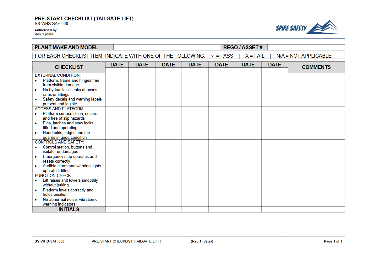 Free Pre-Start Checklist (Tailgate Lift) Template — document preview