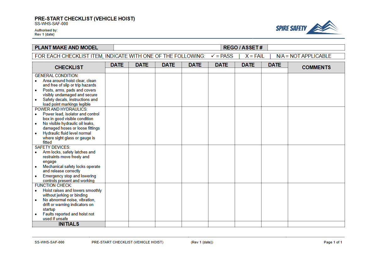 Free Pre-Start Checklist (Vehicle Hoist) Template — document preview