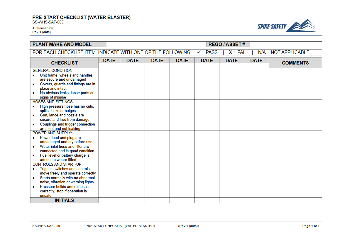 Free Pre-Start Checklist (Water Blaster) Template — document preview