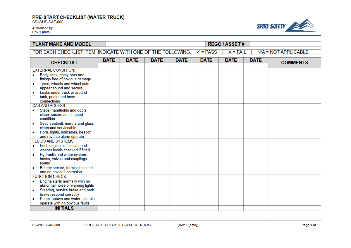 Free Pre-Start Checklist (Water Truck) Template — document preview
