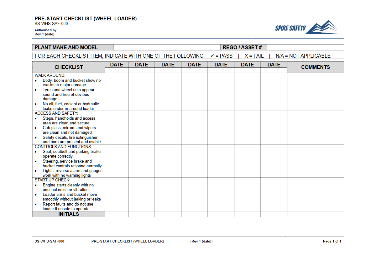 Free Pre-Start Checklist (Wheel Loader) Template — document preview