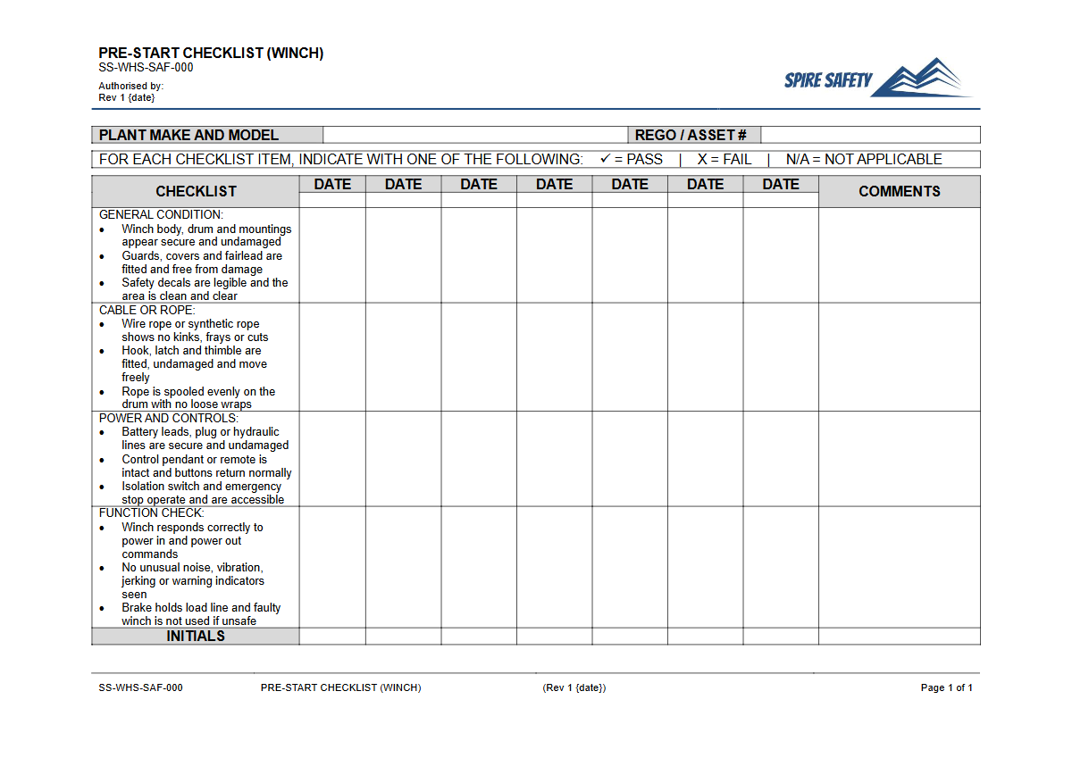 Free Pre-Start Checklist (Winch) Template — document preview