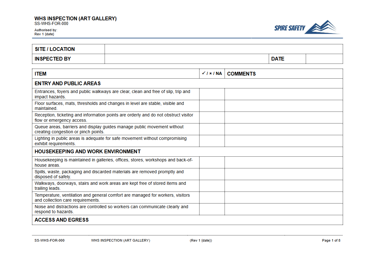 Free WHS Inspection (Art Gallery) Template — document preview