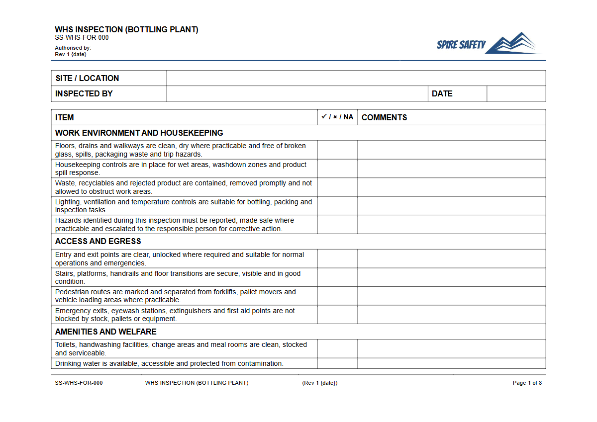 Free WHS Inspection (Bottling Plant) Template — document preview
