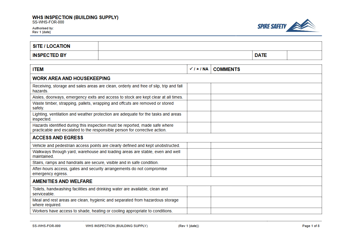 Free WHS Inspection (Building Supply) Template — document preview