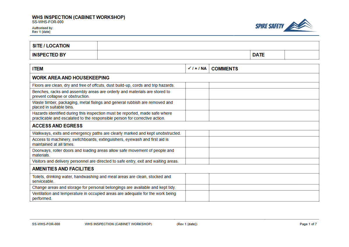 Free WHS Inspection (Cabinet Workshop) Template — document preview