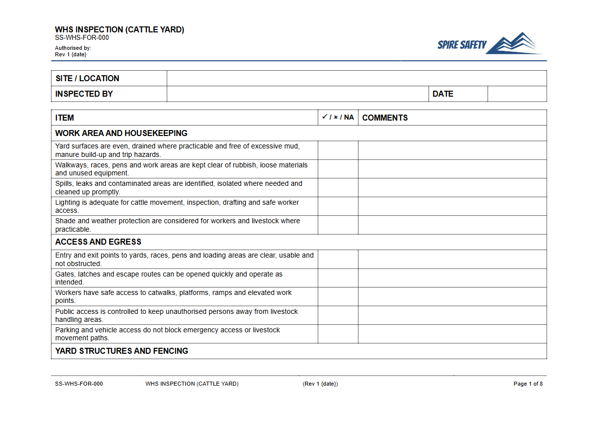 Free WHS Inspection (Cattle Yard) Template — document preview