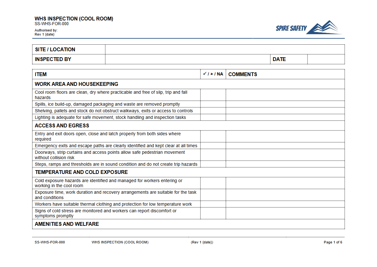 Free WHS Inspection (Cool Room) Template — document preview
