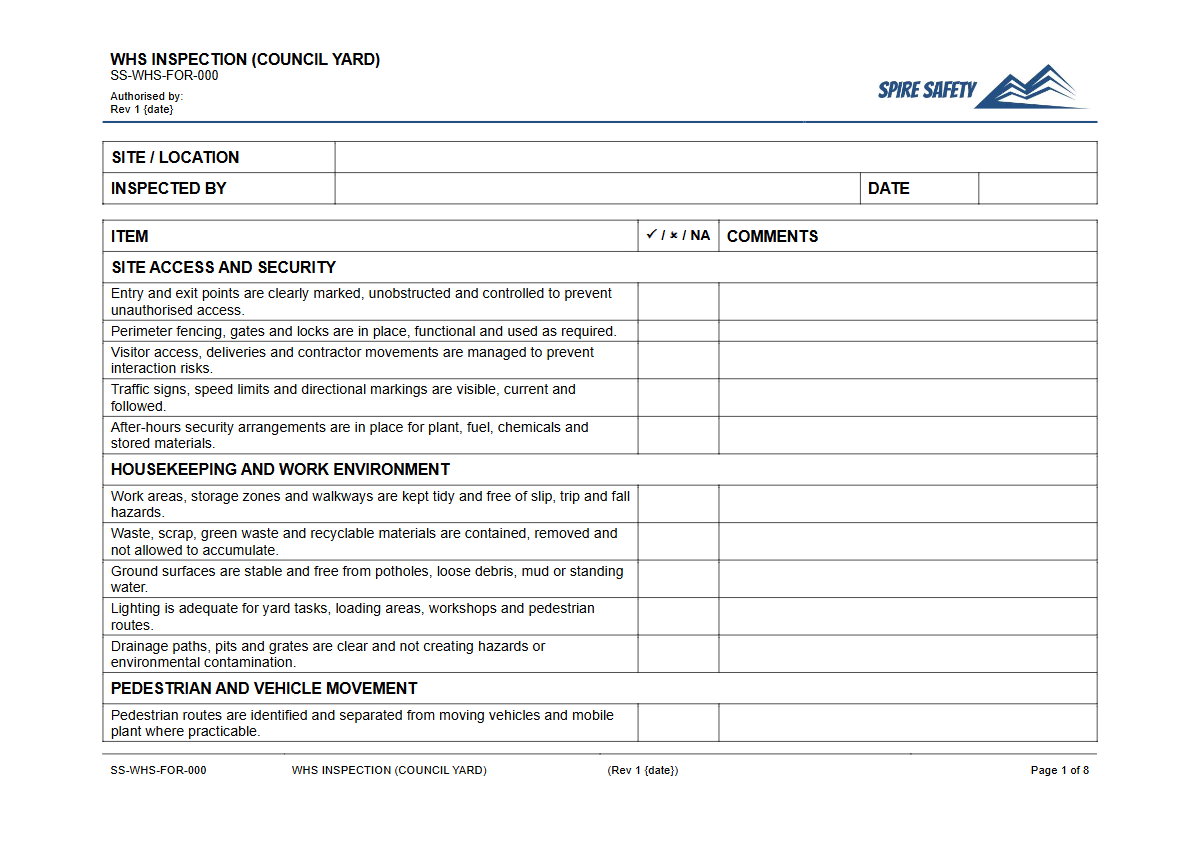 Free WHS Inspection (Council Yard) Template — document preview