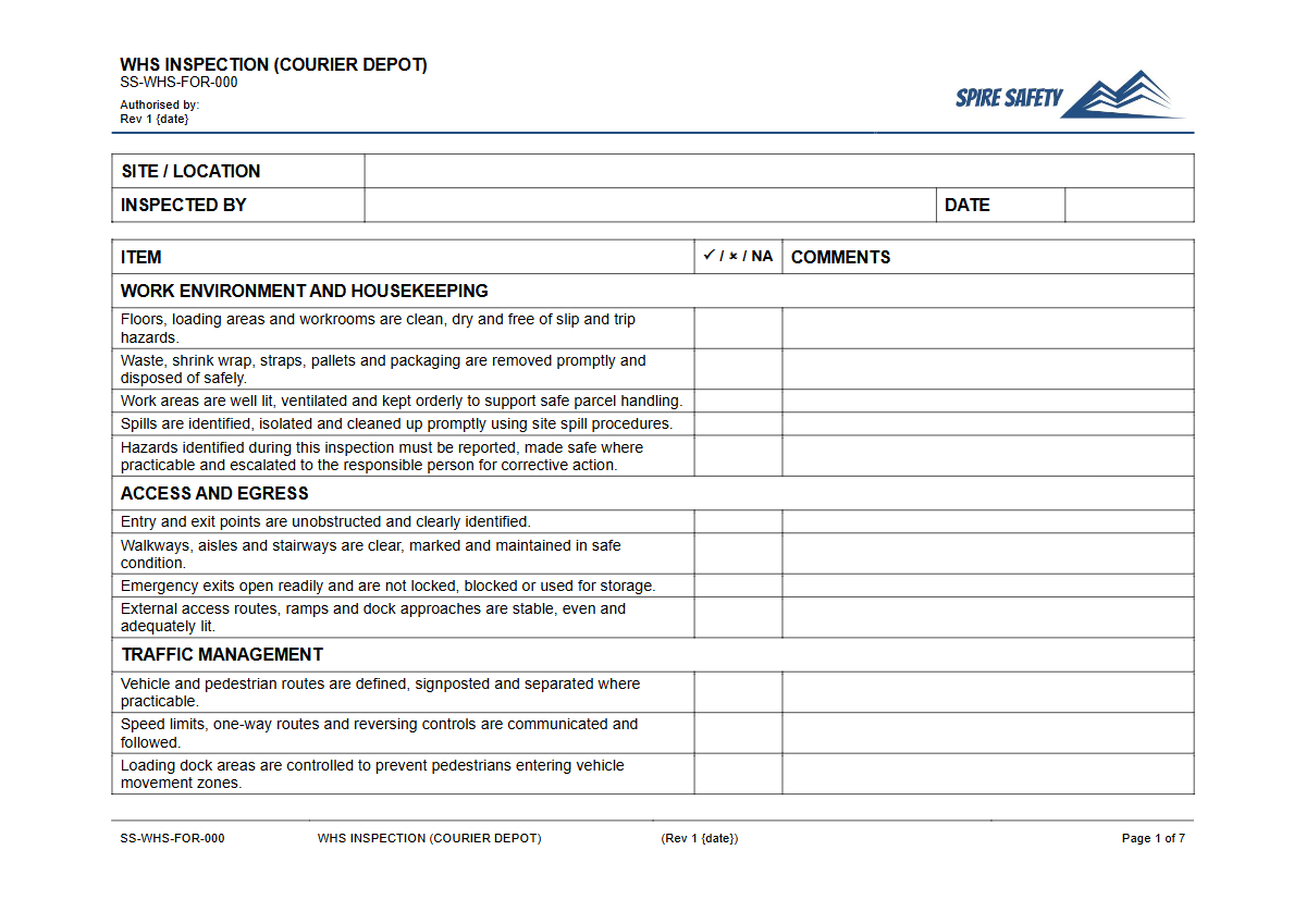 Free WHS Inspection (Courier Depot) Template — document preview