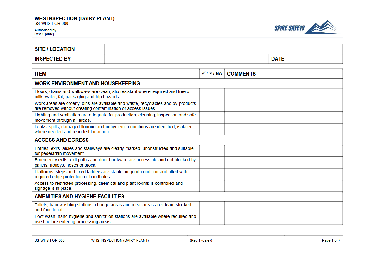 Free WHS Inspection (Dairy Plant) Template — document preview