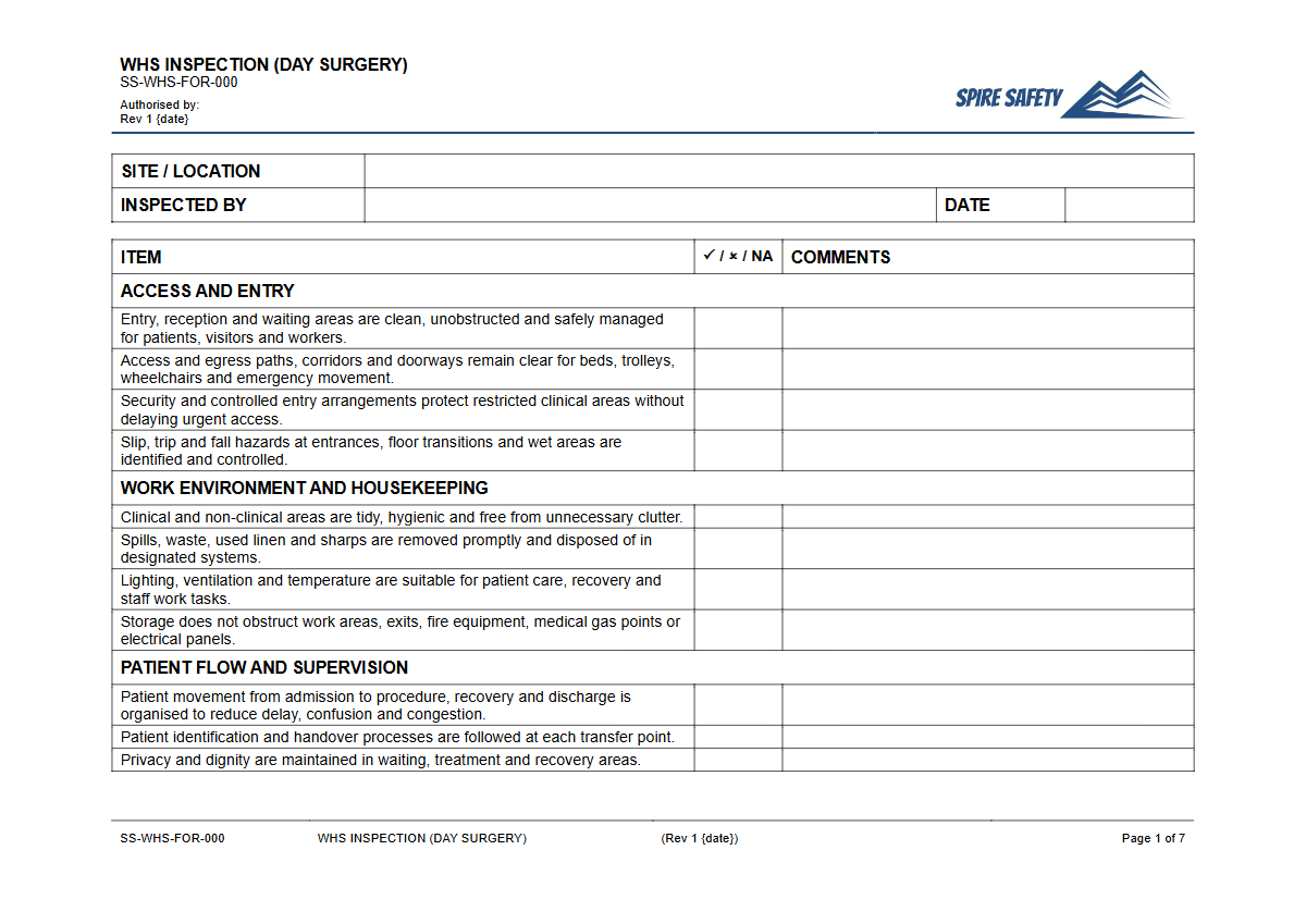 Free WHS Inspection (Day Surgery) Template — document preview