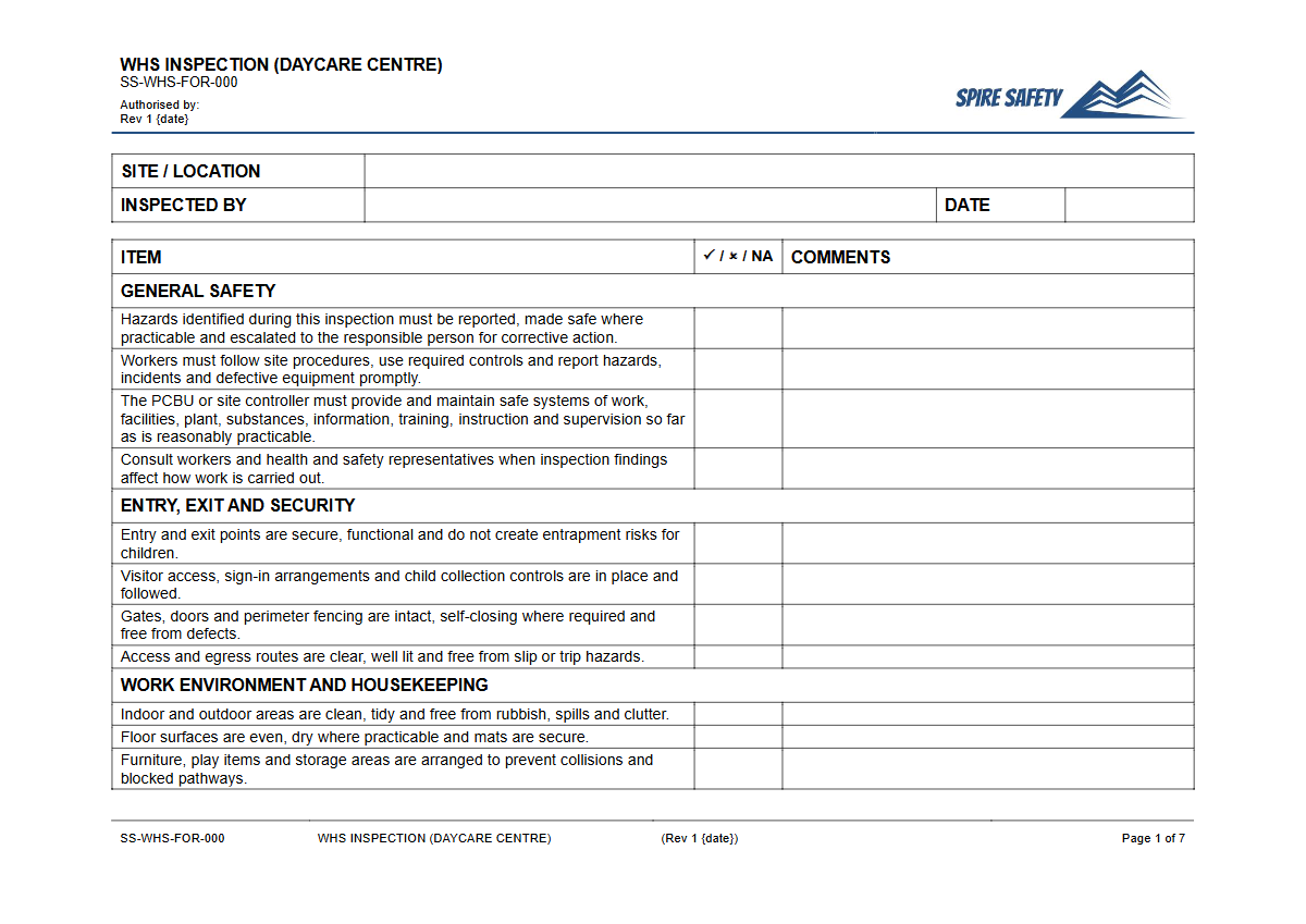 Free WHS Inspection (Daycare Centre) Template — document preview