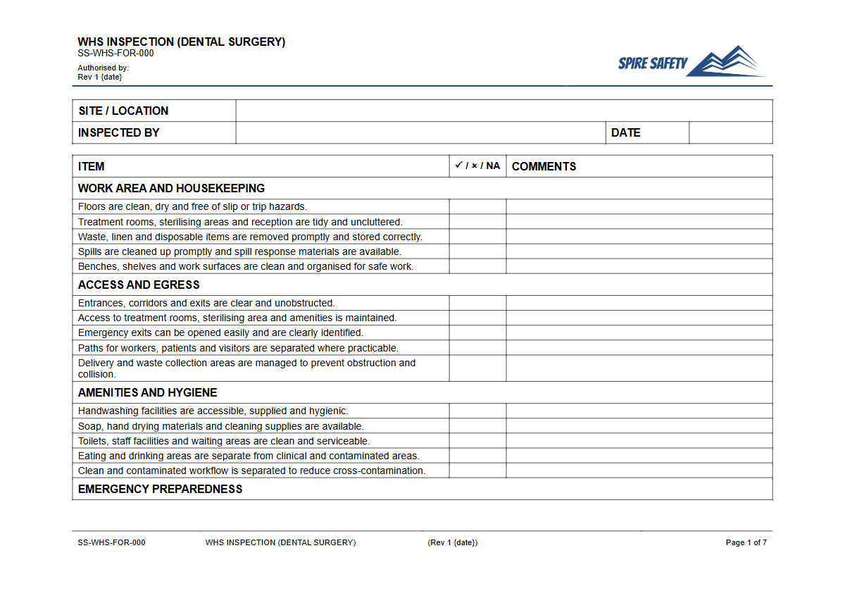 Free WHS Inspection (Dental Surgery) Template — document preview