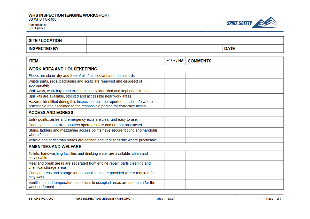 Free WHS Inspection (Engine Workshop) Template — document preview