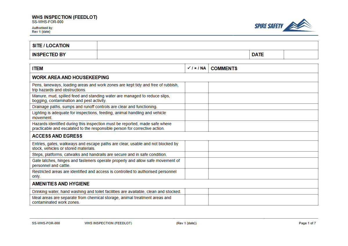 Free WHS Inspection (Feedlot) Template — document preview
