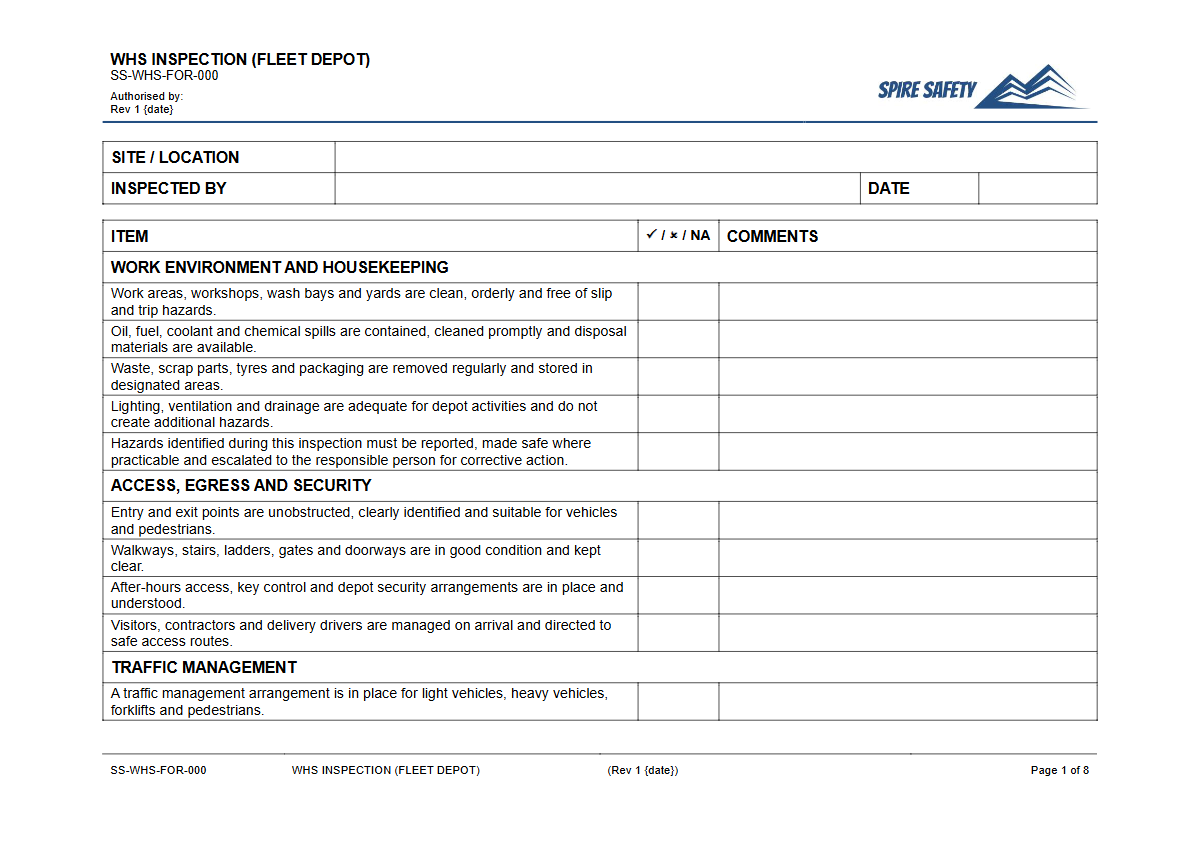 Free WHS Inspection (Fleet Depot) Template — document preview