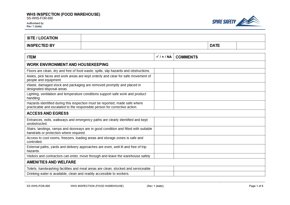 Free WHS Inspection (Food Warehouse) Template — document preview