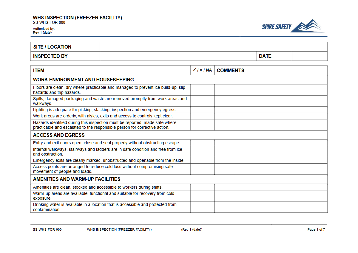 Free WHS Inspection (Freezer Facility) Template — document preview