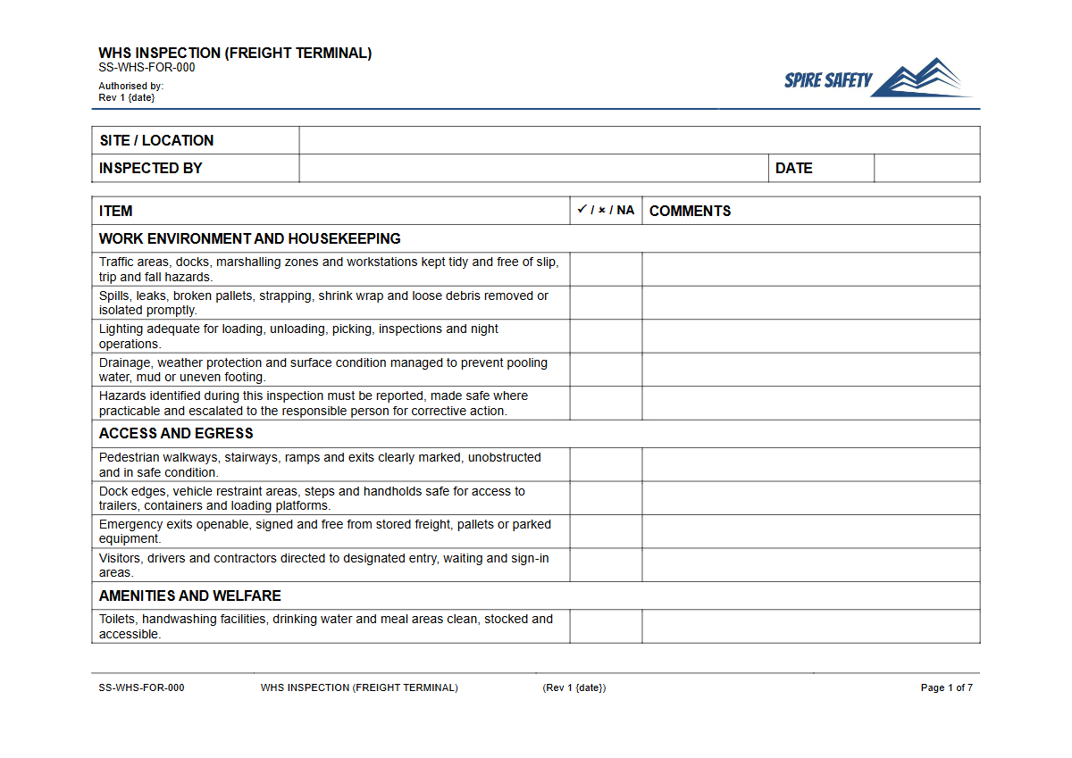 Free WHS Inspection (Freight Terminal) Template — document preview
