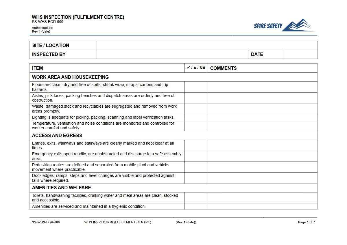 Free WHS Inspection (Fulfilment Centre) Template — document preview