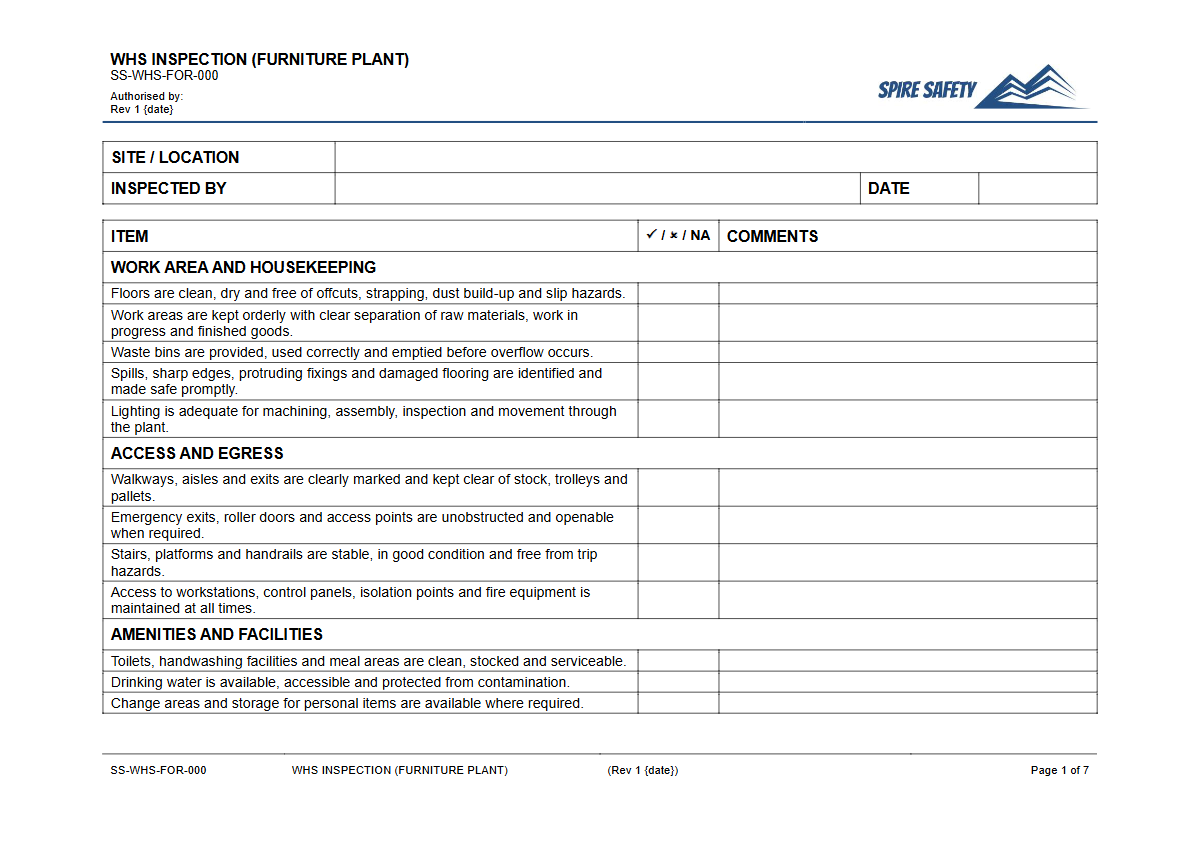 Free WHS Inspection (Furniture Plant) Template — document preview