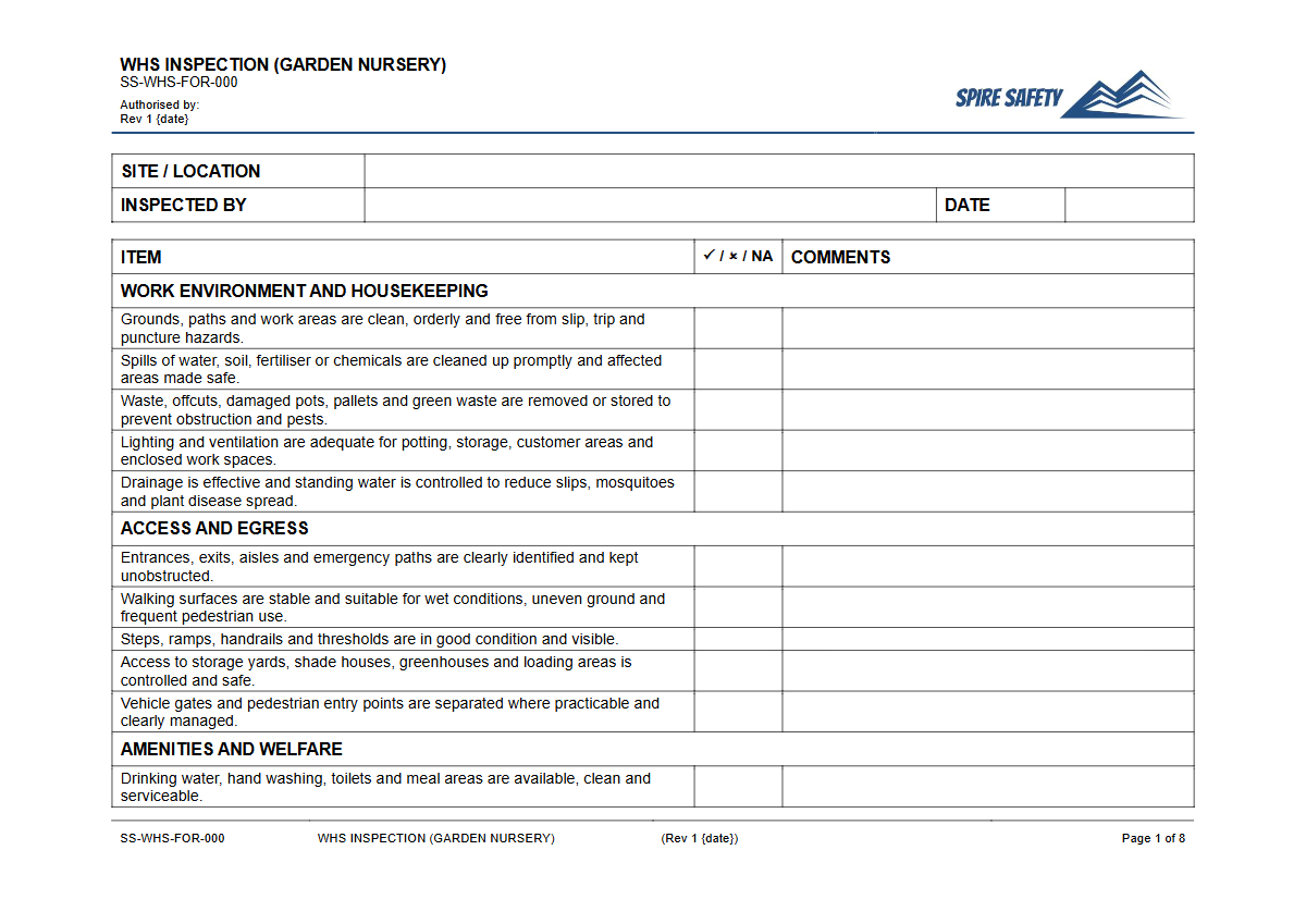 Free WHS Inspection (Garden Nursery) Template — document preview
