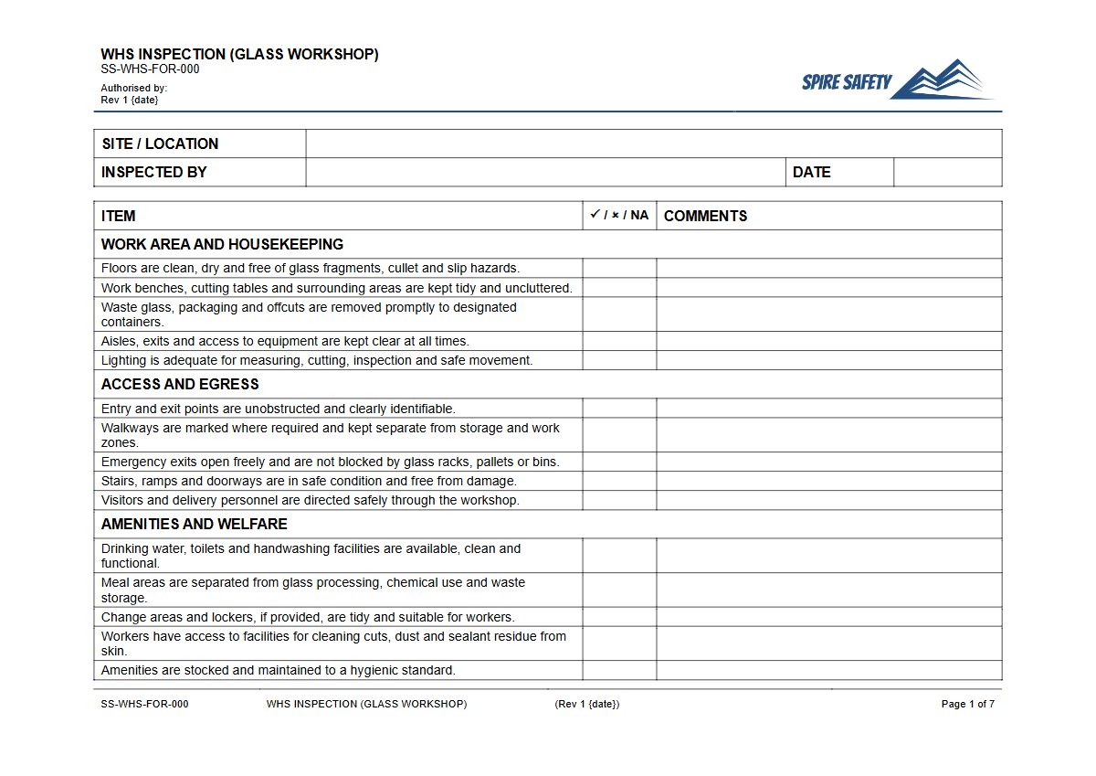 Free WHS Inspection (Glass Workshop) Template — document preview