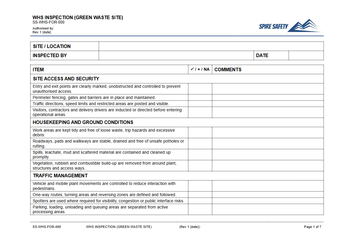 Free WHS Inspection (Green Waste Site) Template — document preview