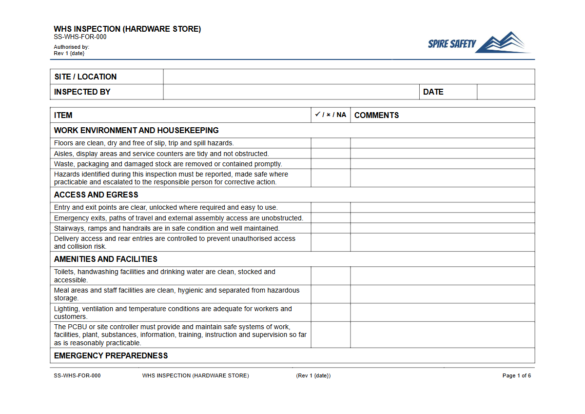 Free WHS Inspection (Hardware Store) Template — document preview