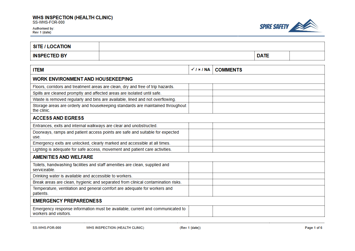 Free WHS Inspection (Health Clinic) Template — document preview
