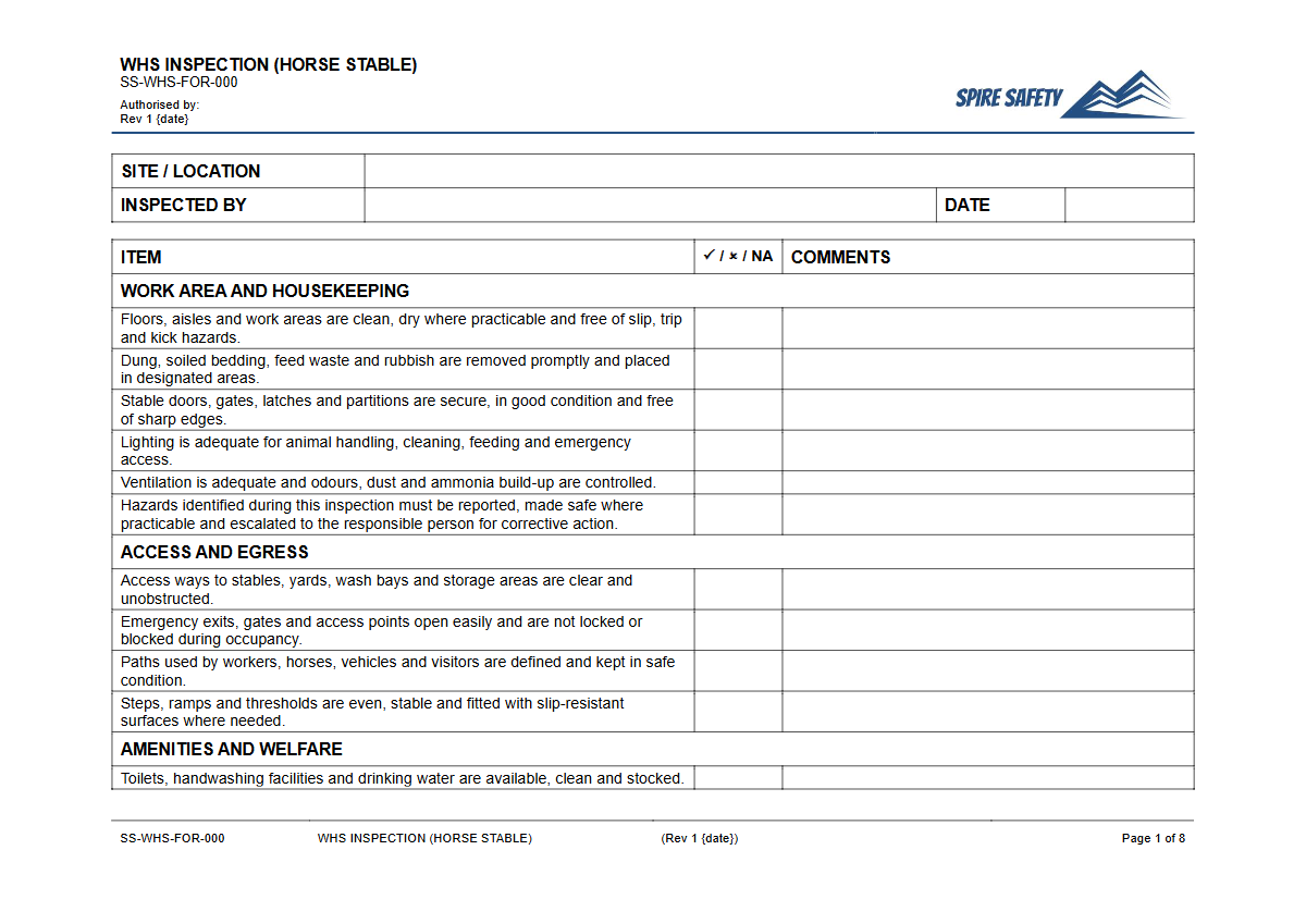 Free WHS Inspection (Horse Stable) Template — document preview