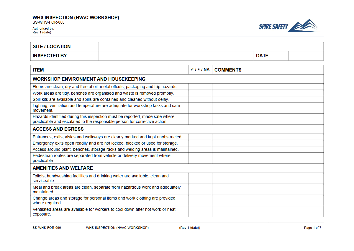 Free WHS Inspection (HVAC Workshop) Template — document preview